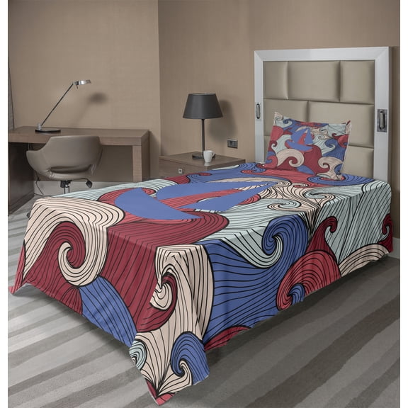 Ambesonne Abstract Fitted & Top Sheet Set with Sham, Blue Boat Silhouette, Multicolor