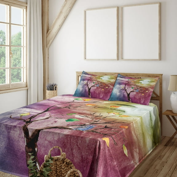 Abstract Sheet Set, Owl Bird on Autumn Tree with Colorful Watercolor Background Print, Fitted and Flat Sheet with Pillowcases Bedding Accent 4 Piece Set, Queen, Multicolor, by Ambesonne