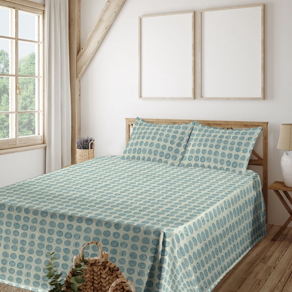 Ambesonne Abstract Fitted & Flat Sheet with Sham 3 Pcs Set, Sketchy Design Geometric, Twin, Cadet Blue and Pale Yellow