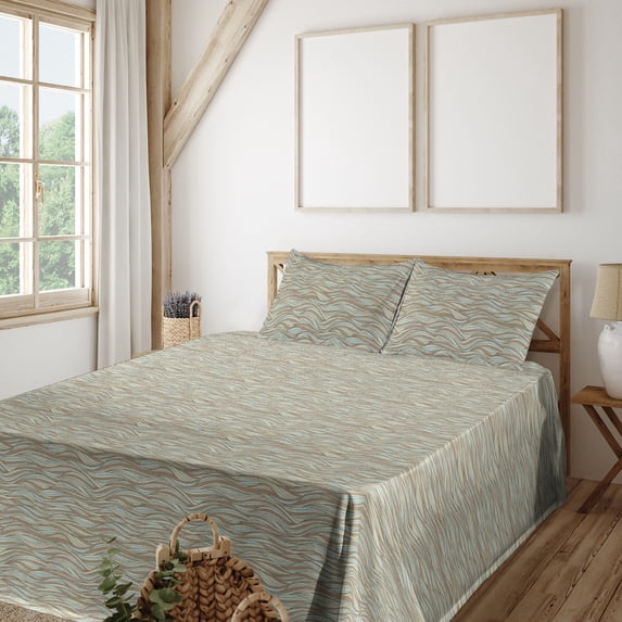 Ambesonne Abstract Fitted & Flat Sheet with Sham 3 Pcs Set, Wavy Stripes Geometric Art, Twin, Soft Blue Cocoa and Khaki