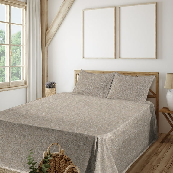 Ambesonne Abstract Fitted & Flat Sheet with Shams 4 Pcs Set, Wavy Muted Earthy Tones, King, Pale Eggshell Warm Taupe