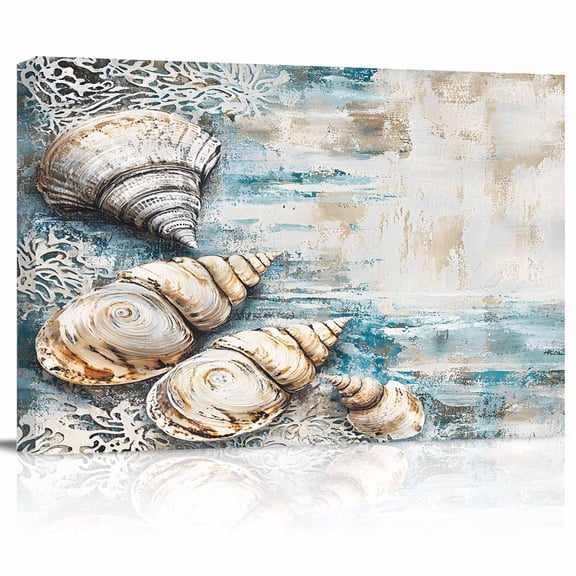 Abstract Shell Canvas Print Wall Art Blue Floral Ocean Coastal Pictures Painting Morden Artwork for Living Room Bedroom, Ready to Hang - 12"x16"