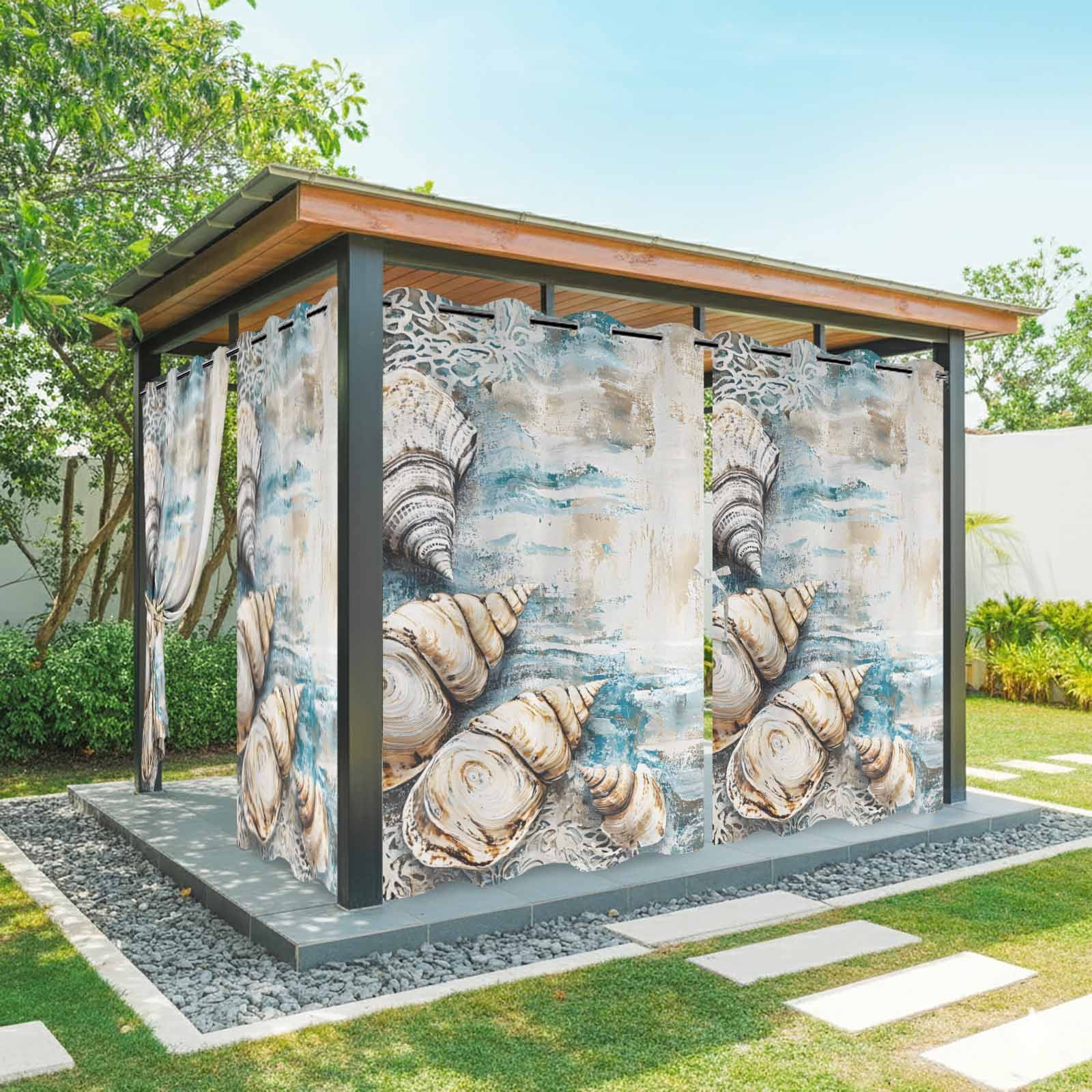 Abstract Shell Outdoor Curtains for Patio Waterproof, Blue Floral Ocean ...