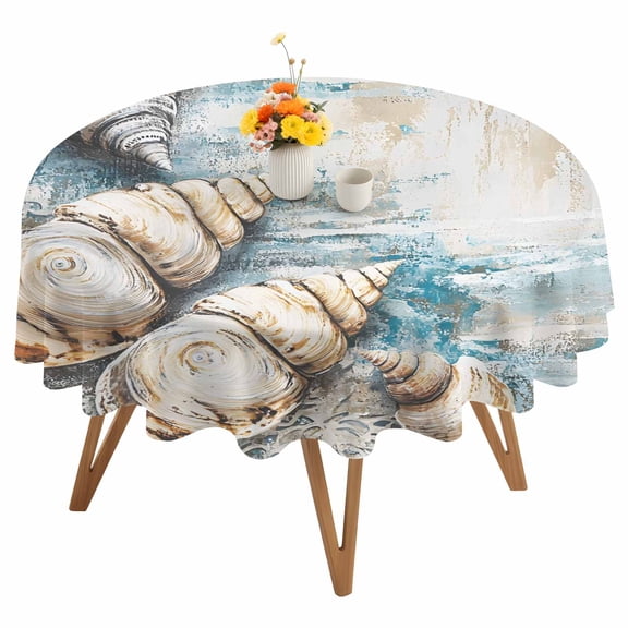 Abstract Shell Round Tablecloth 54 inches Blue Floral Ocean Coastal Waterproof Oil-Proof Table Cloth Round Table Cover for Holiday Party Picnic Dinner Decor Indoor and Outdoor Use
