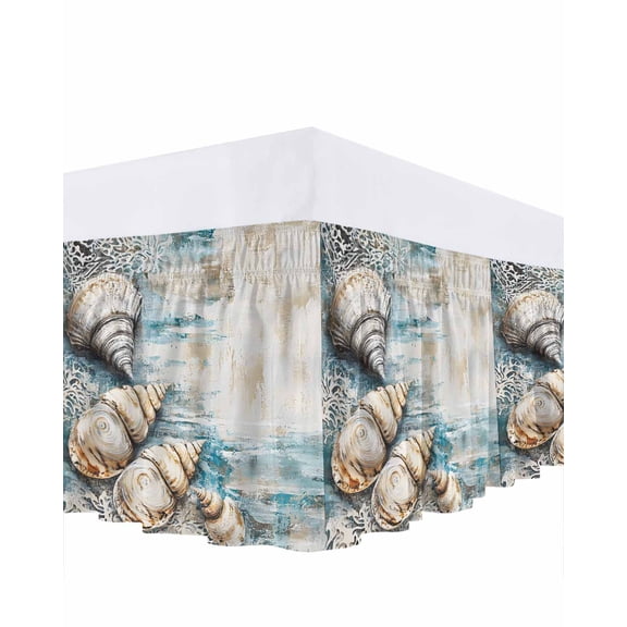 Abstract Shell Ruffle Bed Skirt King Size Blue Floral Adjustable Elastic Dust Bed Skirts Wrap Around Bedskirt Wrinkle Free Easy Fit with 18 Inch Drop