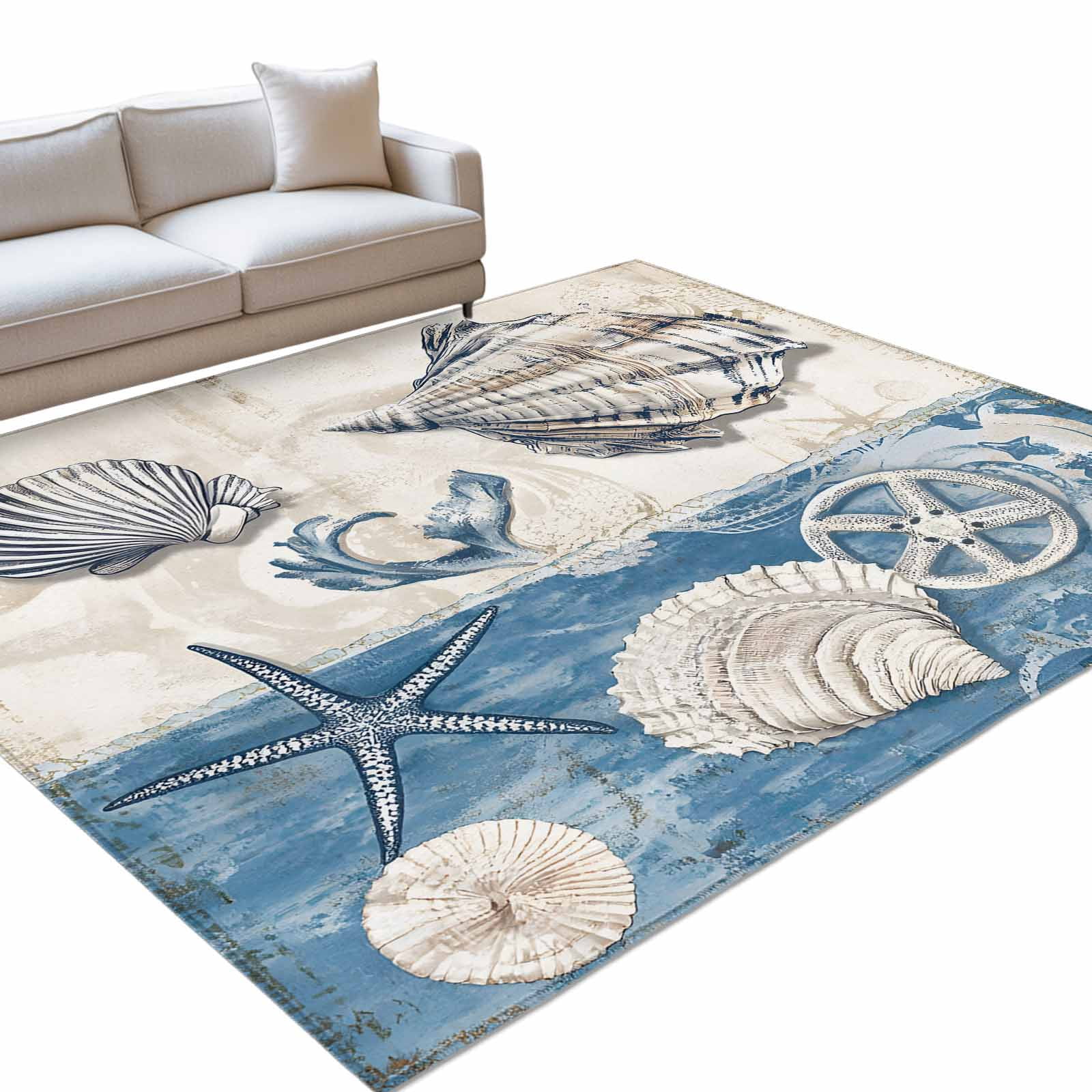 Abstract Shell Starfish Area Rugs 3x5ft Blue Vintage Farmhouse Floor ...
