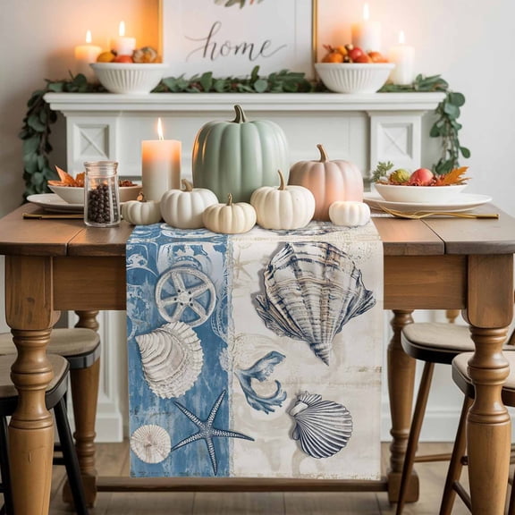 Abstract Shell Starfish Cotton Linen Table Runner, Washable Table Runners for Kitchen, Dining Room, Holiday, Home Party Table Decor, 13x36 Inches