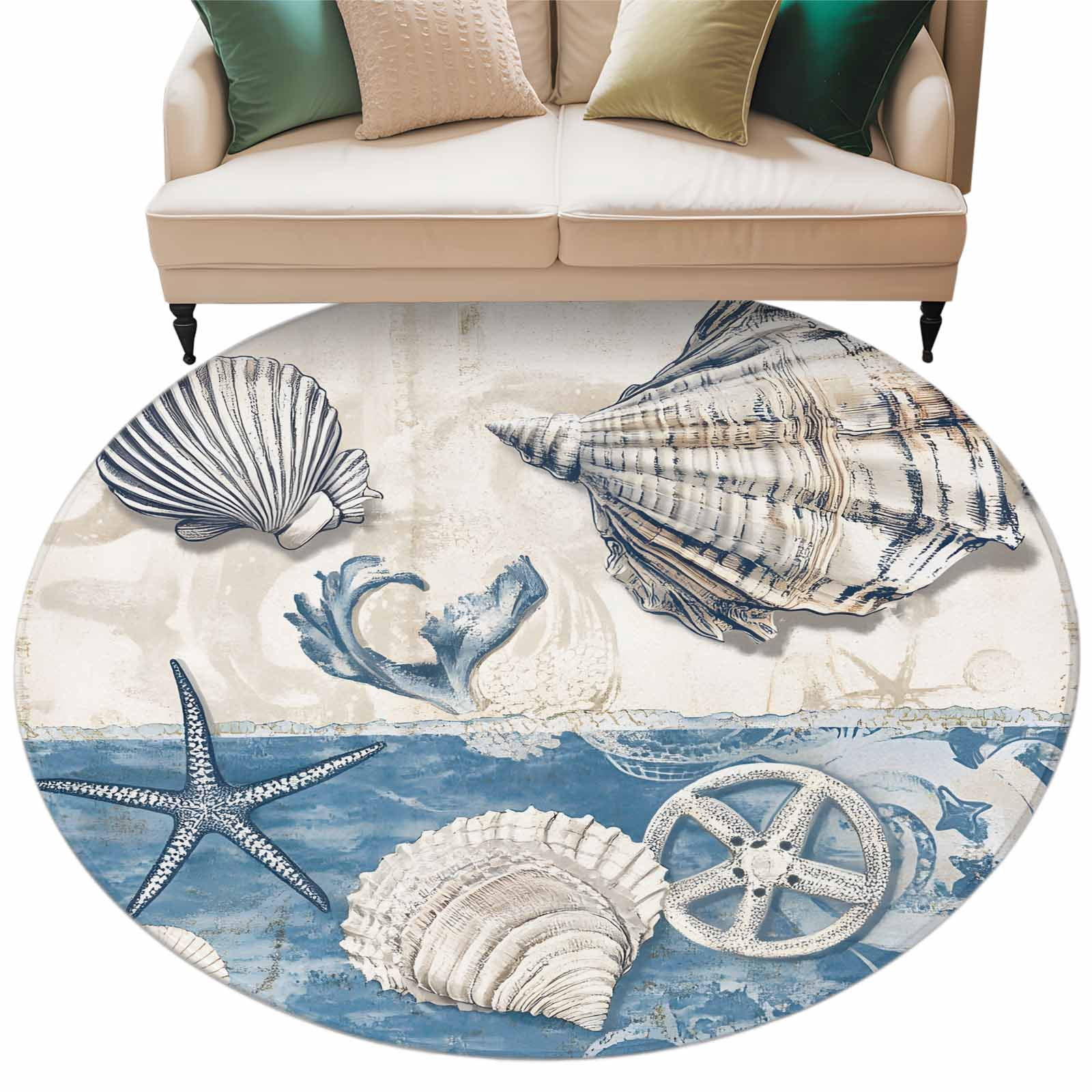 Blue Shell Shapped Rug Abstract Shell Starfish Round Area Rug 5 ft Blue Vintage Farmhouse ...