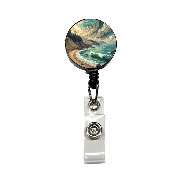 Abstract Shore Ocean Waves Landscape Retractable Reel ID Badge Key Card Name Tag Holder with Clip