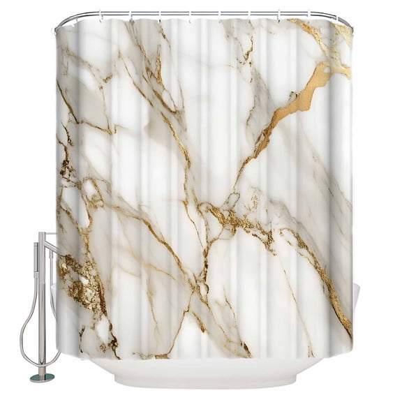 Abstract Shower Curtain, 60" x 72", White Marble Pattern Gold Crack Texture Minimalism Waterproof Bathroom Curtain Washable Shower Curtain Set with 12 Hooks