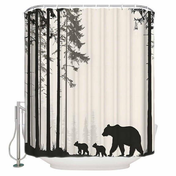 Abstract Shower Curtain, 72" x 72", Forest Walking Bear Silhouette Natural Scenery Waterproof Bathroom Curtain Washable Shower Curtain Set with 12 Hooks