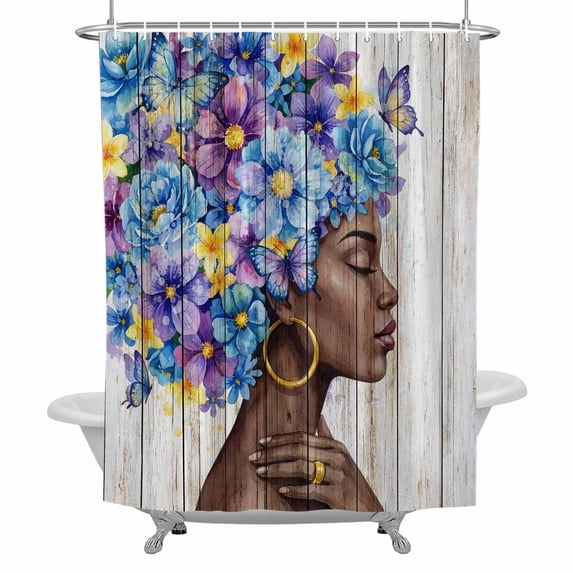 Abstract Shower Curtain for Bathroom, African-American Women Blue Purple Flower Butterfly Wood Grain Waterproof Cloth Fabric Bathroom Accessories Set with 12 Rust Proof Plastic Hooks, 36"x78"