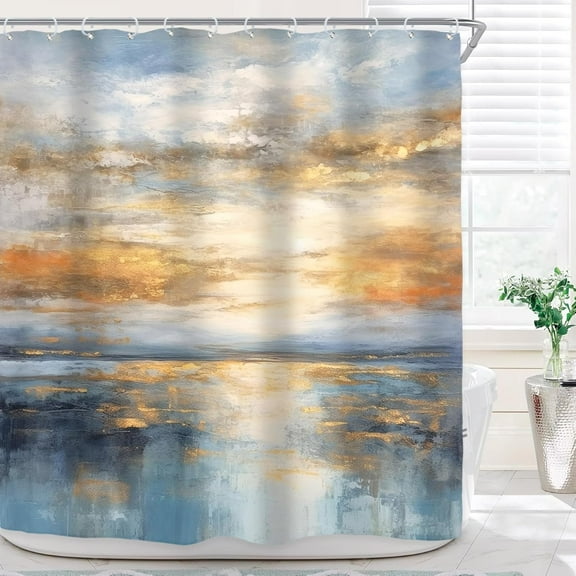 Abstract Shower Curtain for Bathroom Decor 72Wx72H Blue Gold Modern Aesthetic Minimalist Ocean Sea Sunset Oil Painting Simple Art Printed Fabric Polyester Waterproof 12 Pack Plastic Hooks