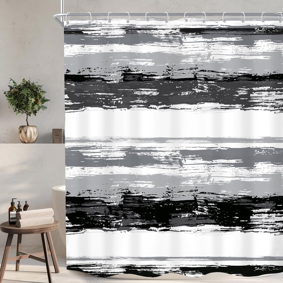 Abstract Shower Curtain for Bathroom Decor,Modern White Grey Striped Aesthetic Minimalist Geometric Simple Neutral Watercolor Painting Fabric Waterproof Polyester 12 Pack Hooks,72" x 72"