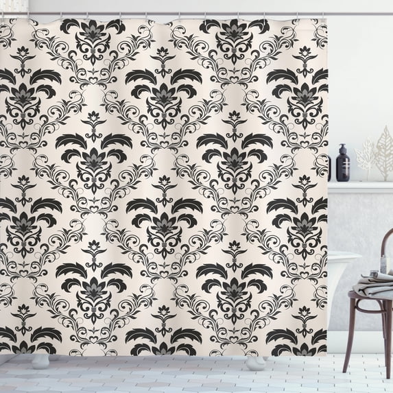 Abstract Shower Curtain, Bicolored Floral Damask Inspired Ivy Botany Style Swirls Illustration, Fabric Bathroom Set with Hooks, 69W X 84L Inches Extra Long, Champagne Dark Taupe, by Ambesonne