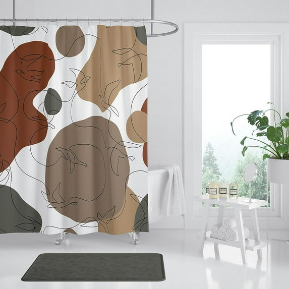 Abstract Shower Curtain Boho Mid Century Bird Line Shape Bathroom Curtain Geometric Minimalist Modern Waterproof Fabric Bath Curtain with 12 Hook