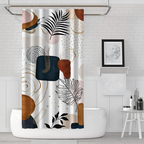 Abstract Shower Curtain Boho Mid Century Navy Blue Gold Colorful Modern Geometric Leaves Plant Neutral Minimalist Bathroom Shower Curtains Fabric Waterproof with Hooks 36" x 72"