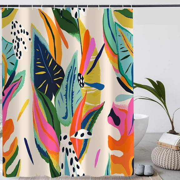 Abstract Shower Curtain, Colorful Bohemian Floral Jungle Plant Modern Asthetic Pastel Contemporary Art Decor Bath Curtain, 72x72 in Polyester Fabric Waterproof Bathroom Decor with 12 Hooks