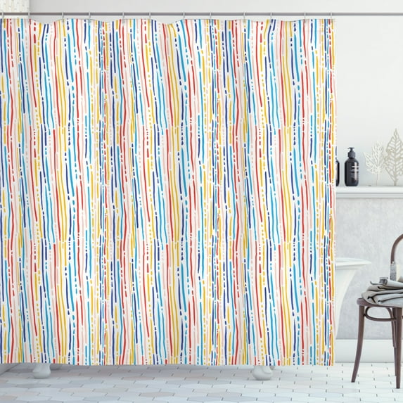 Abstract Shower Curtain, Colorful Modern Artwork with Vertical Stripes and Dashed Lines on White Background, Fabric Bathroom Set with Hooks, 69W X 84L Inches Extra Long, Multicolor, by Ambesonne