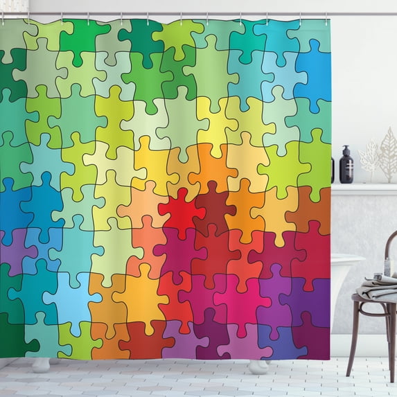Abstract Shower Curtain, Colorful Puzzle Pieces Fractal Children Hobby Activity Leisure Toys Cartoon Image, Fabric Bathroom Set with Hooks, 69W X 75L Inches Long, Multicolor, by Ambesonne