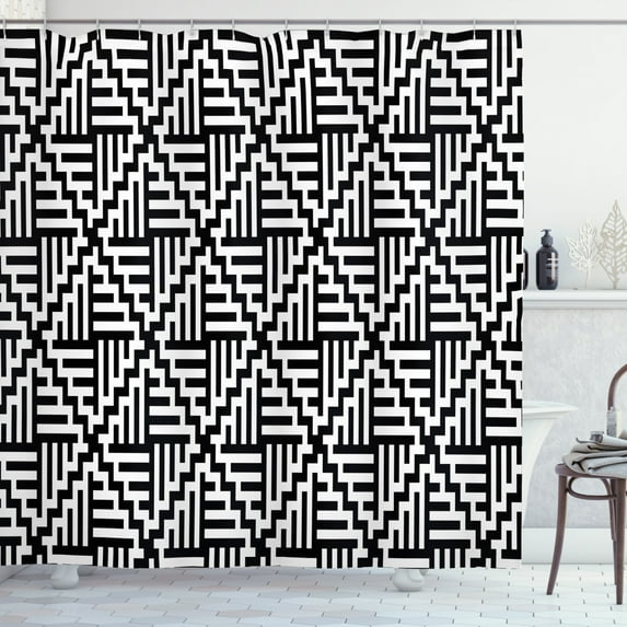 Abstract Shower Curtain, Formation of Bold Zigzags and Straight Stripes on a Plain Background, Fabric Bathroom Set with Hooks, 69W X 75L Inches Long, Charcoal Grey and White, by Ambesonne