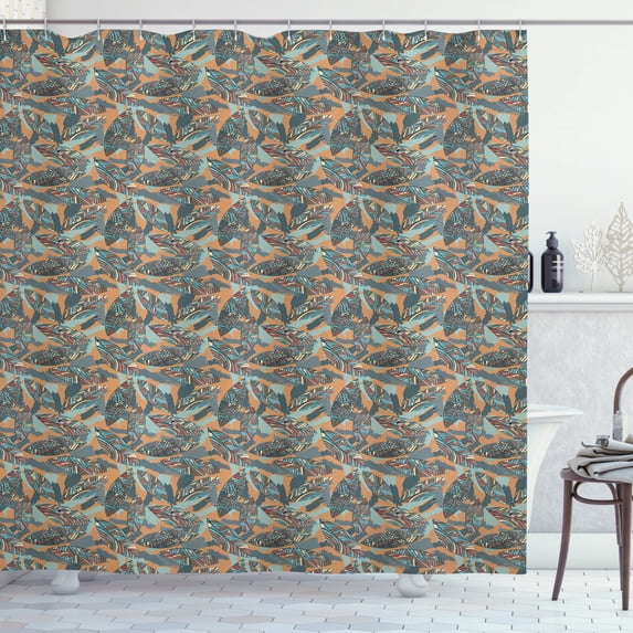 Abstract Shower Curtain, Funky Leaves with Paintbrush Marks Earthy Tones Retro Style Garden Fashion Graphic, Fabric Bathroom Set with Hooks, 69W X 75L Inches Long, Multicolor, by Ambesonne