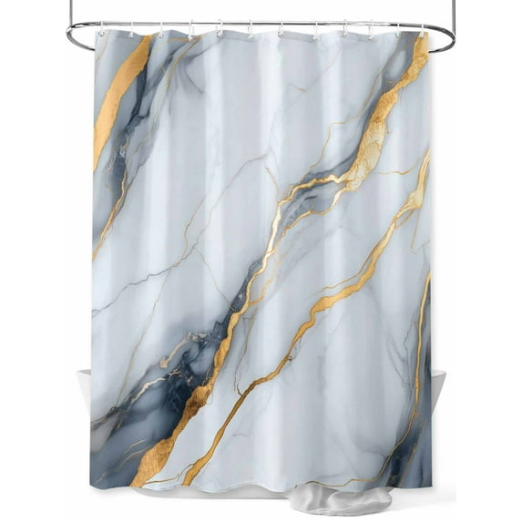 Abstract Shower Curtain, Grey White Marble Texture Golden Lines Waterproof Shower Curtain Set with 12 Hooks Lightweight Washable Fabric Shower Curtains for Bathroom 48x72 Inches
