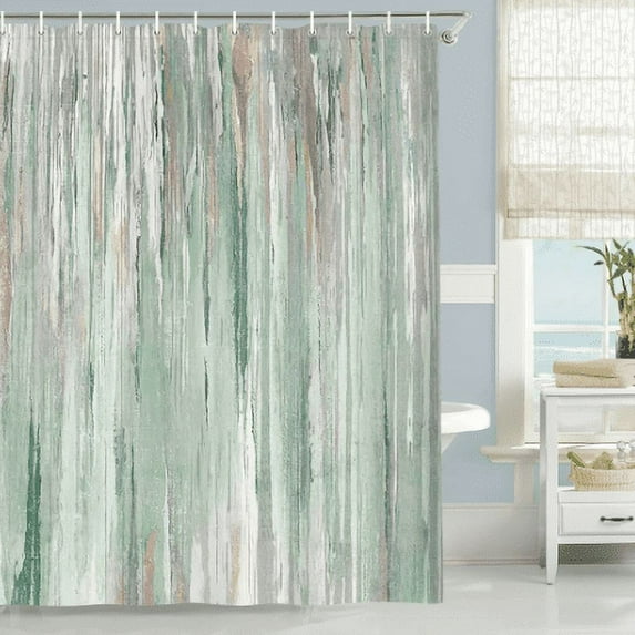 Abstract Shower Curtain, Modern Aesthetic Green Stripe Shower Curtain Set With 12 Hooks For Bathtub Bathroom Gray Green Contemporary Abstract Painting Fabric