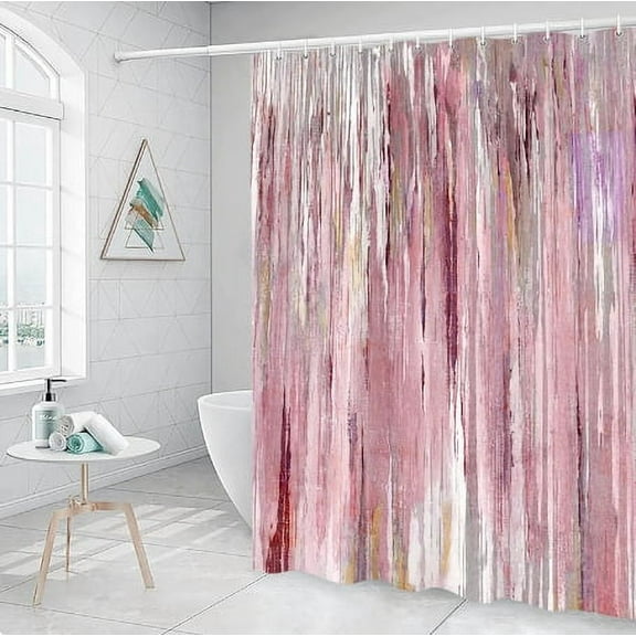Abstract Shower Curtain, Modern Aesthetic Stripe Shower Curtain Set With 12 Hooks For Bathtub Bathroom Gray Pink Brown Contemporary Abstract Painting Fabric