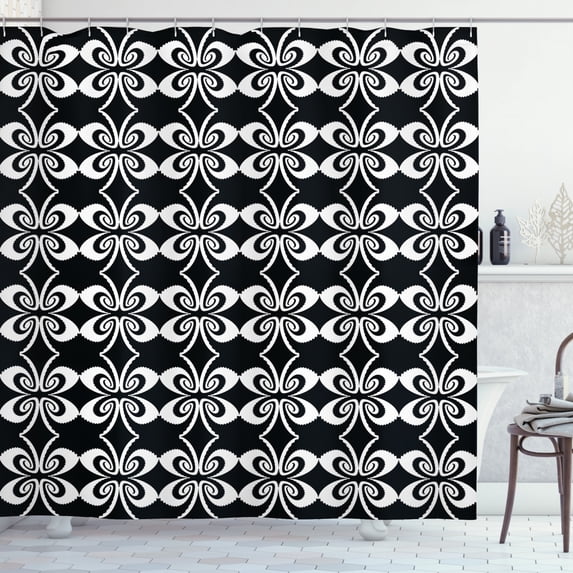 Abstract Shower Curtain, Psychedelic Torsion Design with Mirrored Pairs Op Art Symmetric Arrangement, Fabric Bathroom Set with Hooks, 69W X 75L Inches Long, Black and White, by Ambesonne