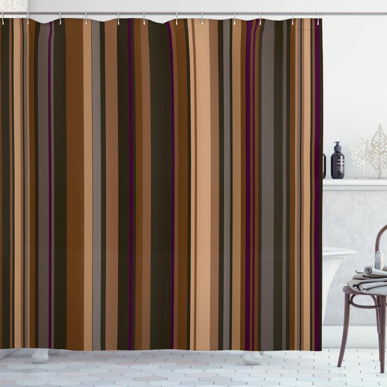 Retro Tan and Brown Striped Fabric Shower Curtain with Hooks
