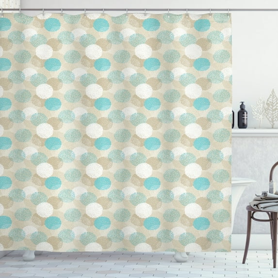 Abstract Shower Curtain, Rounds with Smaller Dots and Circles Pastel Color Motifs Illustration, Fabric Bathroom Set with Hooks, 69W X 70L Inches, Tan White and Sky Blue, by Ambesonne