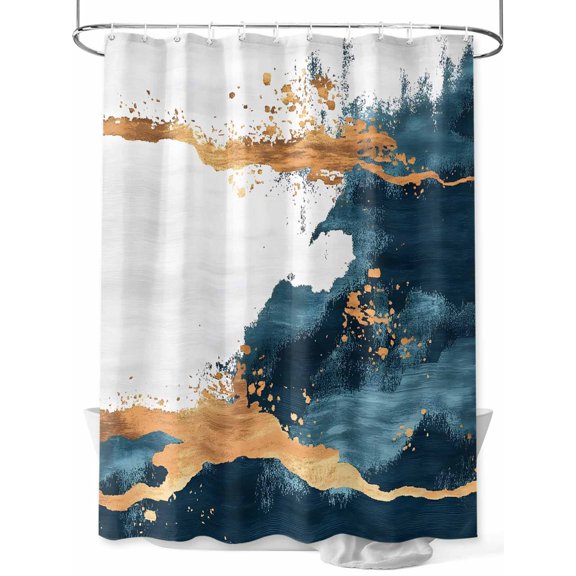 Abstract Shower Curtain Set ,Waterproof Fabric Shower Curtains Modernism Blue Gold Shaded Line Form Shower Curtains for Bathroom,Bathroom Decor 72"x84"