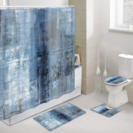 Abstract Shower Curtain Sets with Bath Rug Mat, Contour Mat and Toilet Lid Cover, Blue and Grey Art Painting Shower Curtain and Rug Set with 12Hooks