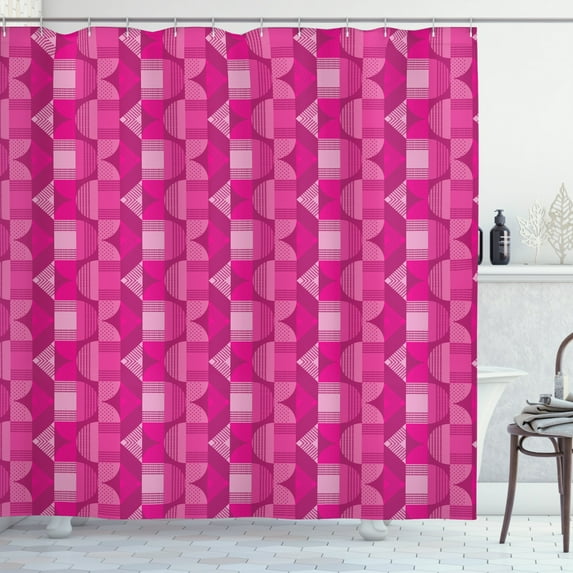 Abstract Shower Curtain, Shapes of Circle and Lines Dotted Circles Geometric Design, Fabric Bathroom Set with Hooks, 69W X 84L Inches Extra Long, Magenta Pink, by Ambesonne