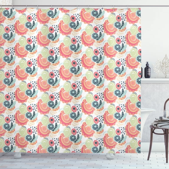 Abstract Shower Curtain, Sloppy Design Scribbled Dots Circles and Spirals Hand-drawn Style Modern Ornament, Fabric Bathroom Set with Hooks, 69W X 70L Inches, Multicolor, by Ambesonne