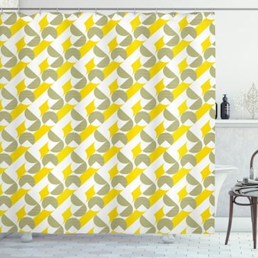 Abstract Shower Curtain, Striped Unfinished Circles and Diagonal Streaks Geometric Modern Vibes, Fabric Bathroom Set with Hooks, 69W X 70L Inches, Fawn Mustard and White, by Ambesonne