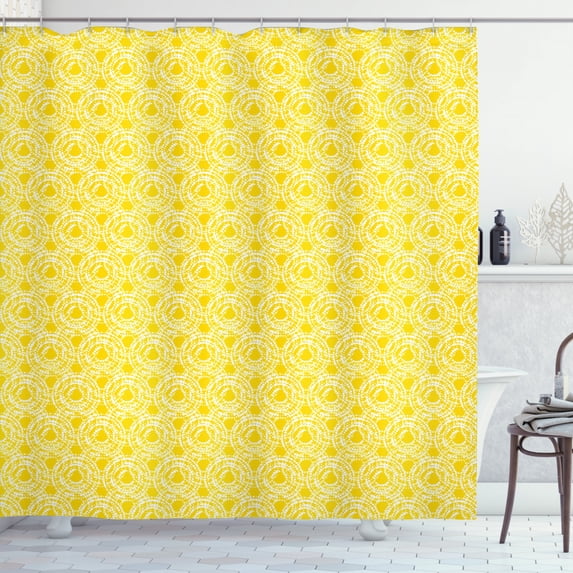 Abstract Shower Curtain, Sunshine Joyful Summer Theme with Repeating Motifs of Circles and Spots, Fabric Bathroom Set with Hooks, 69W X 75L Inches Long, Yellow and White, by Ambesonne