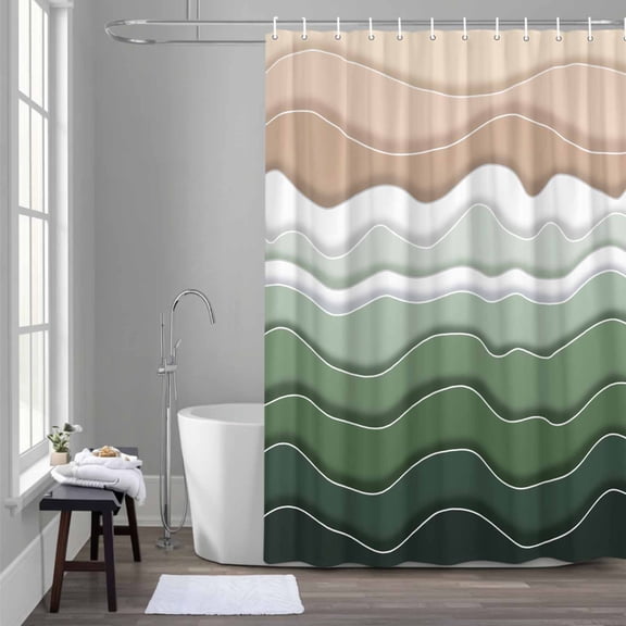 Abstract Shower Curtain for Bathroom Decor, Sage Green Brown Gradient Waves Beach Lines Waterproof Fabric Shower Curtain, 48"x72" Set with 12 Hooks