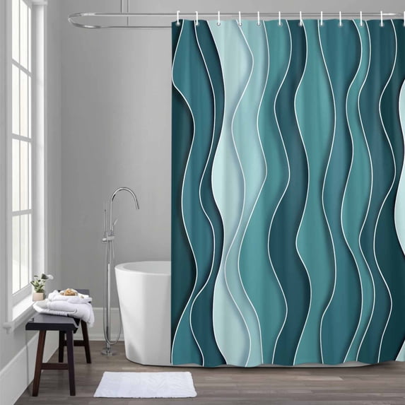 Abstract Shower Curtain for Bathroom Decor, Turquoise Gradient Waves Beach Lines Waterproof Fabric Shower Curtain, 36"x78" Set with 12 Hooks