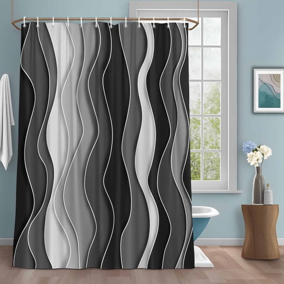 Abstract Shower Curtains for Bathroom, Black Gray Gradient Waves Beach Lines Washable Fabric Shower Curtain with Hooks Waterproof Bathroom Decor Sets, 36 x 72 Inches