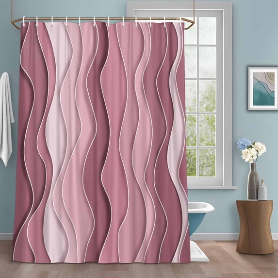 Abstract Shower Curtains for Bathroom, Pink Gradient Waves Beach Lines Washable Fabric Shower Curtain with Hooks Waterproof Bathroom Decor Sets, 60 x 72 Inches