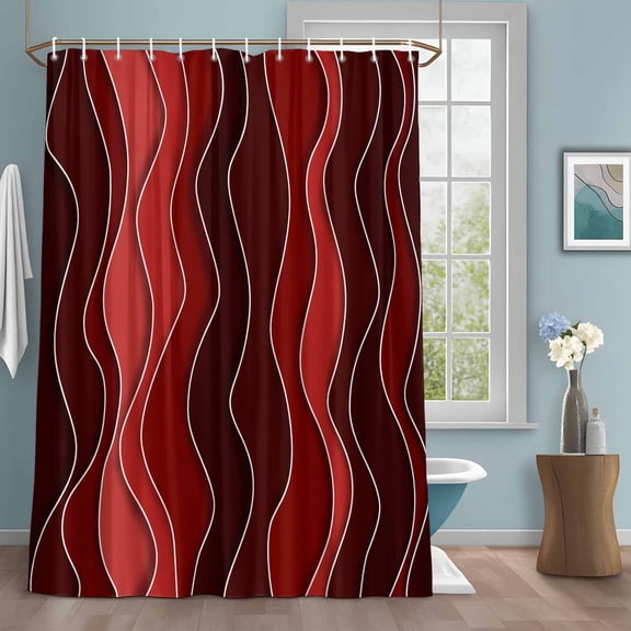 Abstract Shower Curtains for Bathroom, Red Gradient Waves Beach Lines Washable Fabric Shower Curtain with Hooks Waterproof Bathroom Decor Sets, 72 x 72 Inches