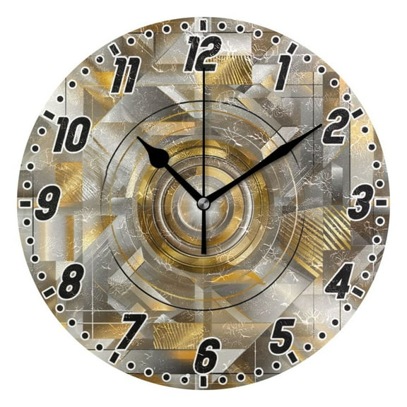 Abstract Silver Geometric Round Wall Clock Battery Operated Silent Non-Ticking Bedroom Office Kitchen Home School Decor 10"(Black)