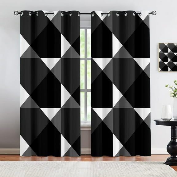 Abstract Simple Black Print Blackout Curtain, Stitching Geometry Thermal Insulated Grommets Curtains, 2 Panels Window Curtains For Bedroom Living Room Home Decor 38"W x 54"L (Pack of 2)