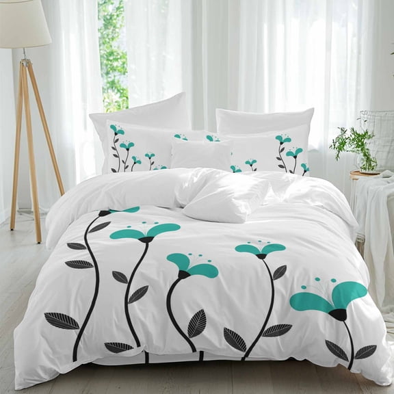 Abstract Simple Floral Full Size Comforter Set, Teal Green Black Lines Floral Plants Bedding for All Seasons, 4 Pcs Bed Set, 1Quiltcover (86"x86") ,1Sheet(80"x116"), 2Pillowcases (30"x20")