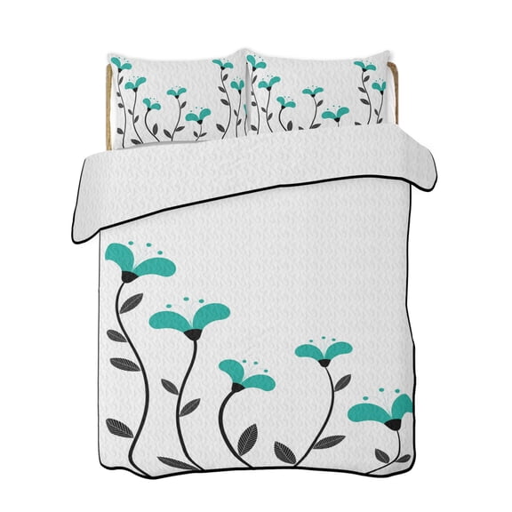 Abstract Simple Floral Quilts Bedding Set Queen Size Teal Green Black Lines Floral Plants Lightweight Quilted Bedspread 3 Piece Bed Quilt with 2 Pillow Shams All Season for Bedroom 78" x 90"