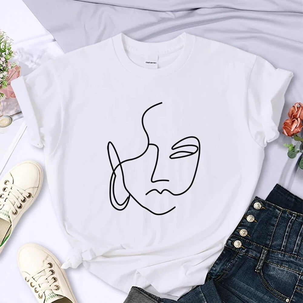 Abstract Simple Stroke Face Prints Women T-Shirts Hip Hop Breathable ...