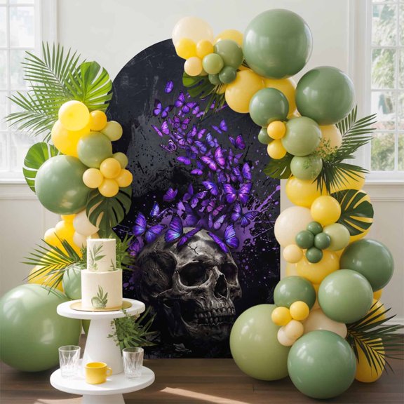 Abstract Skull Arch Backdrop Cover, 4FT, Night Mysterious Purple Butterflies Dark Skeleton Black Spandex Arch Covers Double-Sided Backdrop for Wedding Birthday Party Photo Background Decoration