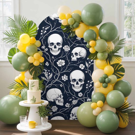 Abstract Skull Arch Backdrop Cover, 4FT, Romantic Navy Blue White Vines Flowers Skeletal Spandex Arch Covers Double-Sided Backdrop for Wedding Birthday Party Photo Background Decoration